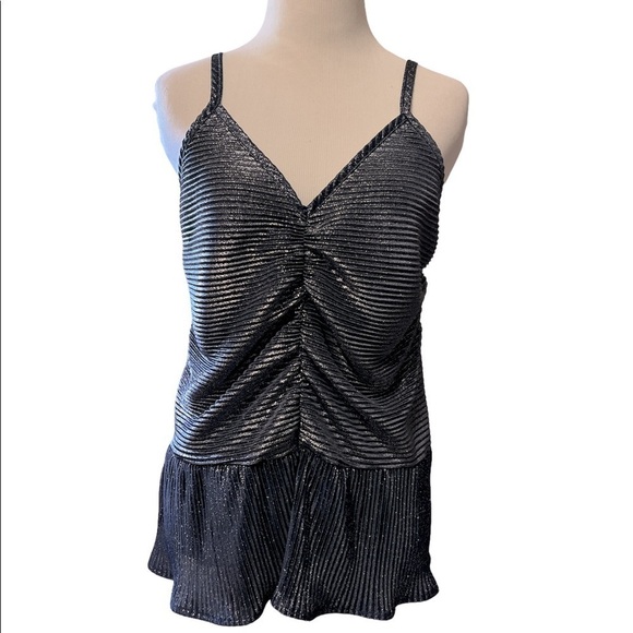a love story Tops - A love story brand navy blue and silver metallic ruched front peplum cami tank